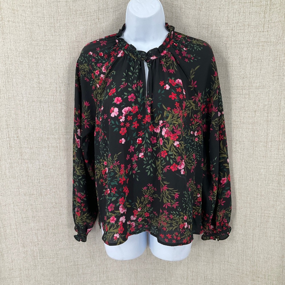 CeCe Floral Blouse Womens M Black Ruffle Neck Keyhole Long Sleeve Boho Classic